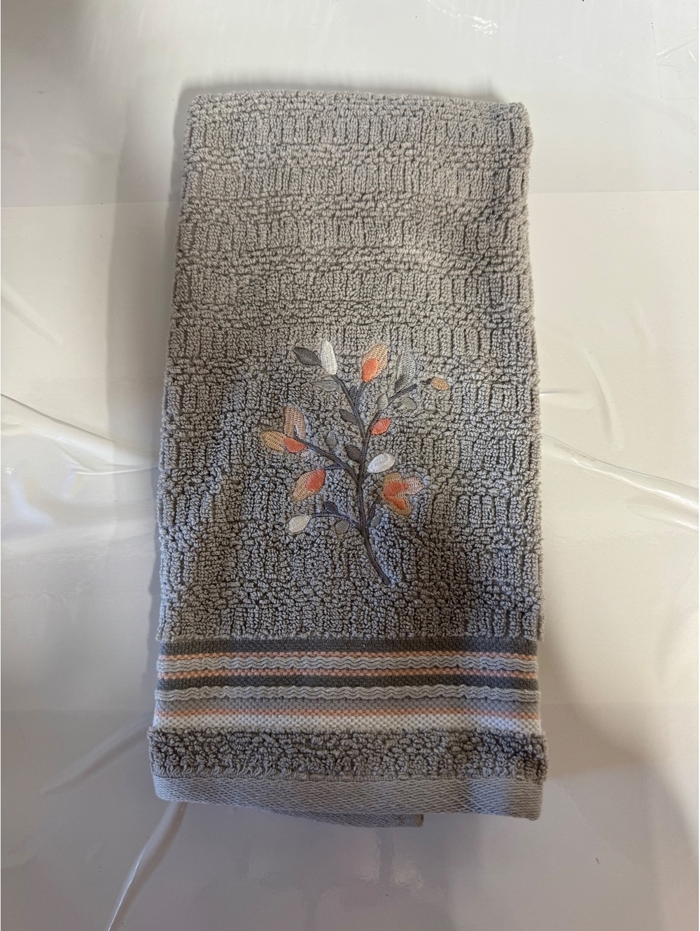SKL Home Embroidered Gray Cotton Hand Towel with Leaf Design